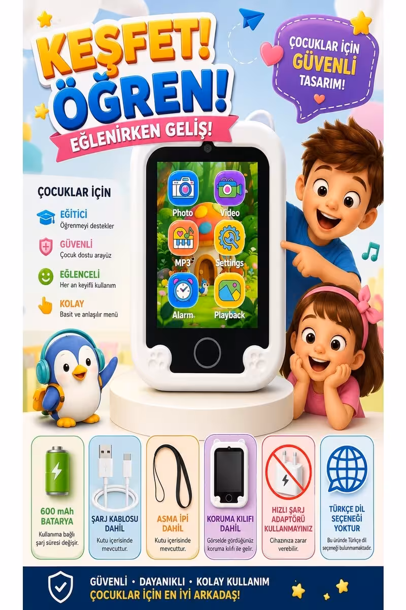 C13 Çocuk Için Fotoğraf Makinesi Telefon Görünümlü Dijital Kamera Video Kameralı Müzik Oyun El Feneri