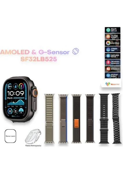 Hk 10 Ultra 3 49M Akıllı Saat 5 kordon Metal Set Siyah