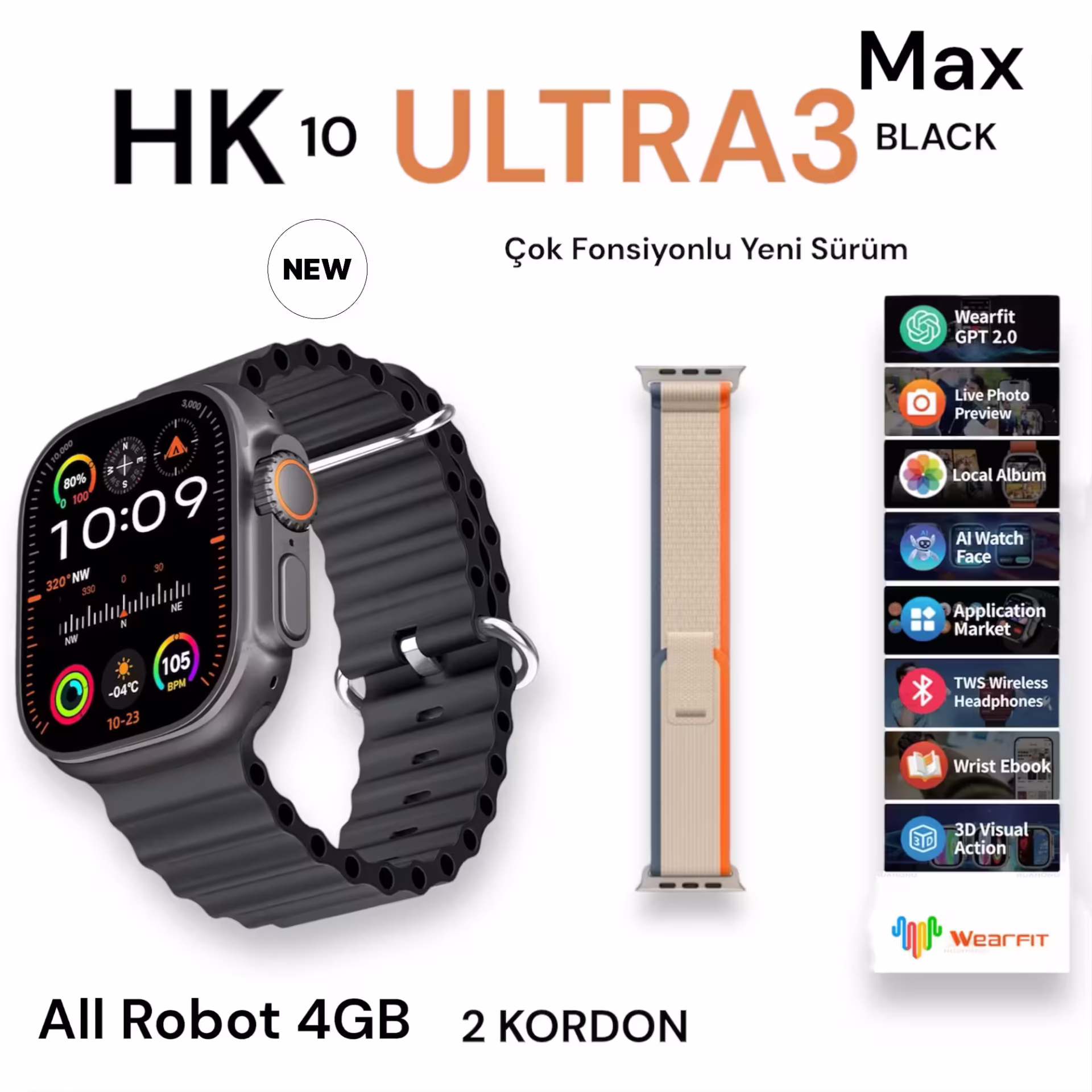 Hk 10 Ultra3 Max 2.02 İnç Akıllı Saat All Robot 4GB