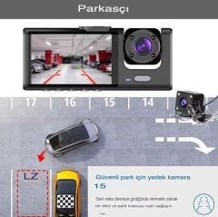 Araç İçi Kamera 360-3 Kameralı 1296P Kayıt Güvenlik Kamerası