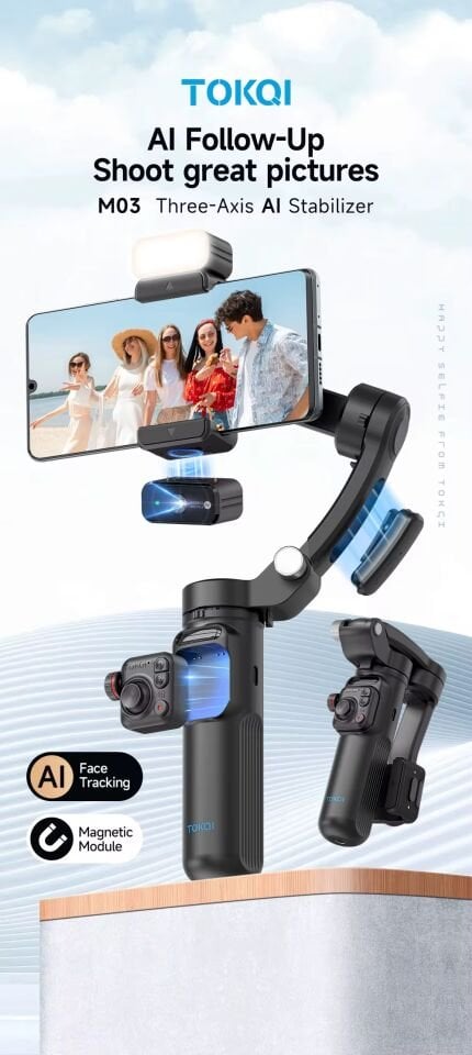 TOKOI M03 Kamera Takip Özellikli Gimbal Mikrofon Işık Hepsi Tek Cihazda