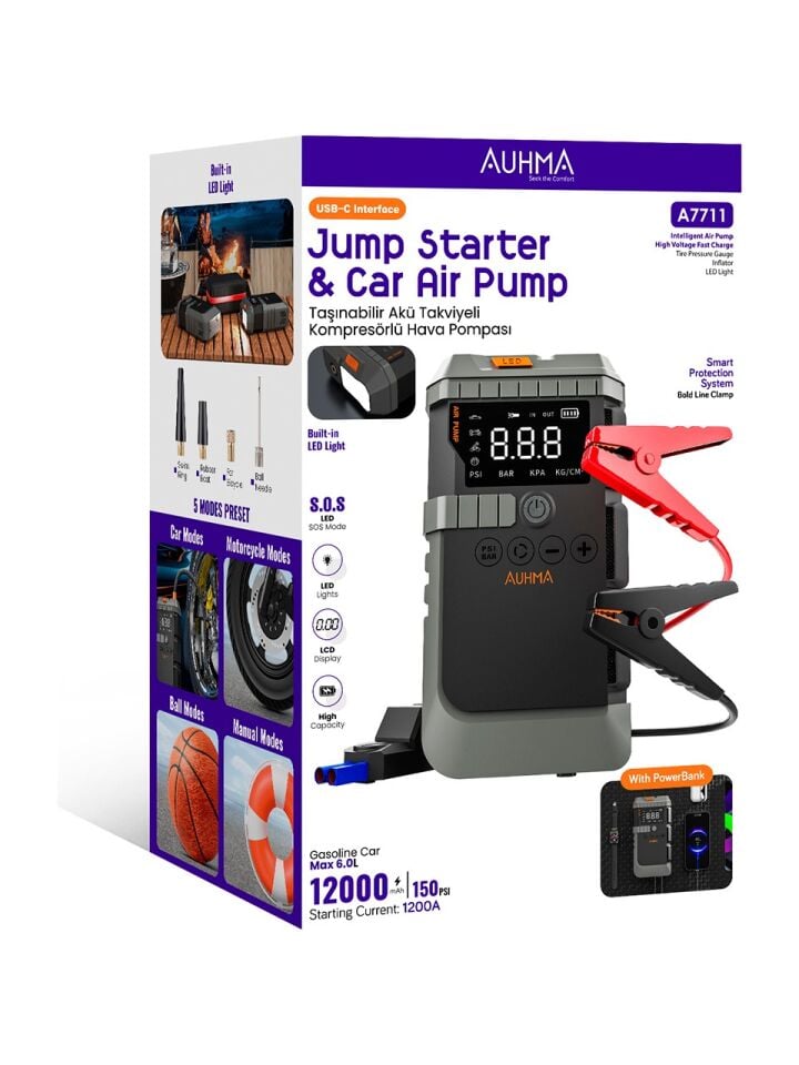 AUHMA A7711 Jump Starter & Kompresörlü Hava Pompası