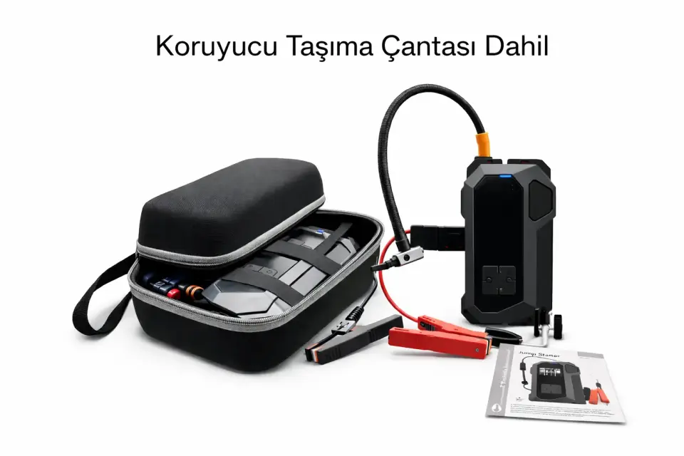 aku takviye cihazi tasima cantasi - kompresorlu jump starter seti - aksesuarlar dahil