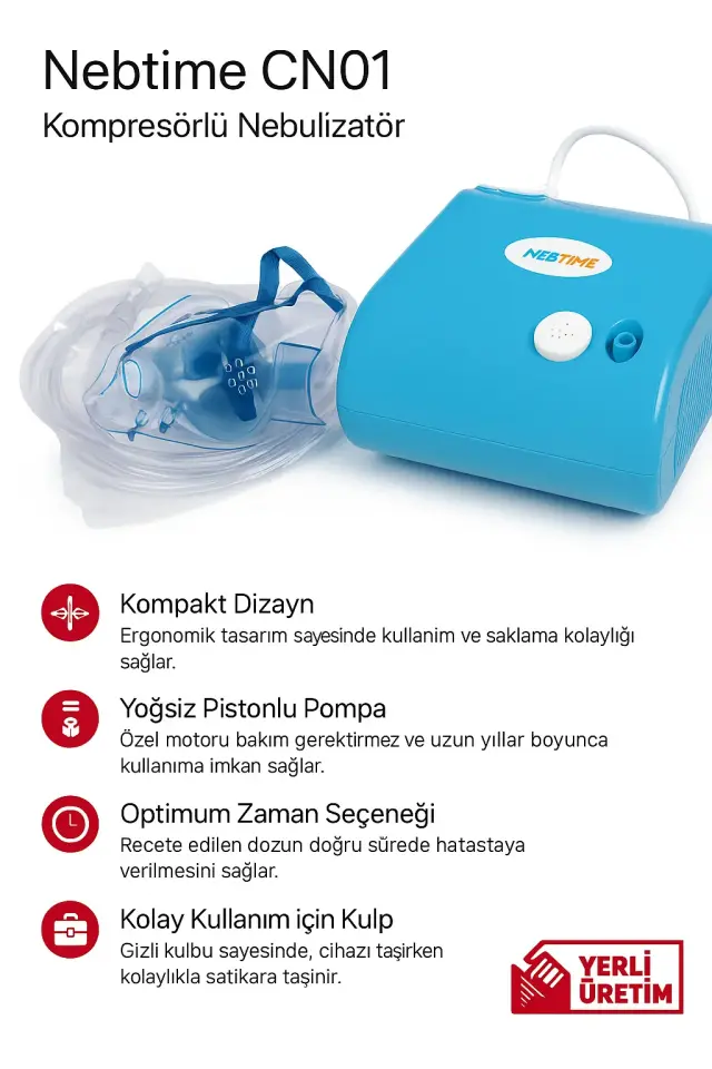 Nebtime CN01 kompresörlü nebülizatör, kompakt tasarım ve yağsız pistonlu pompa