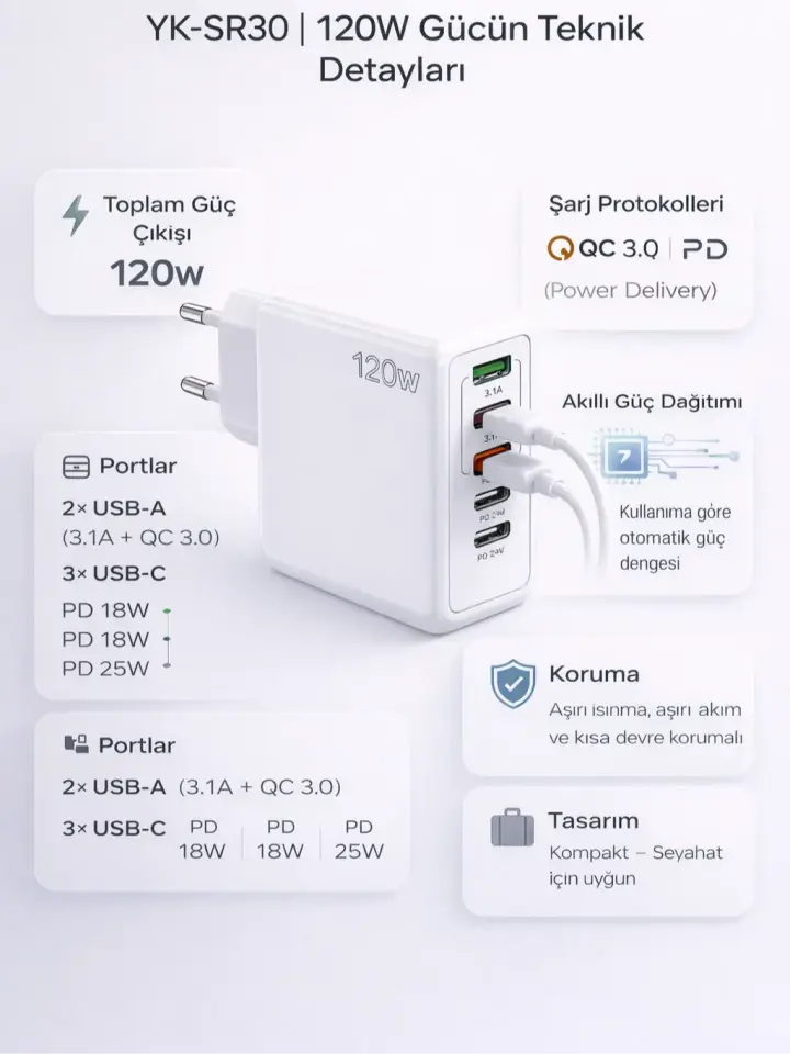 YK-SR30 120W şarj adaptörü teknik detaylar 5 port PD QC akıllı güç dağıtımı