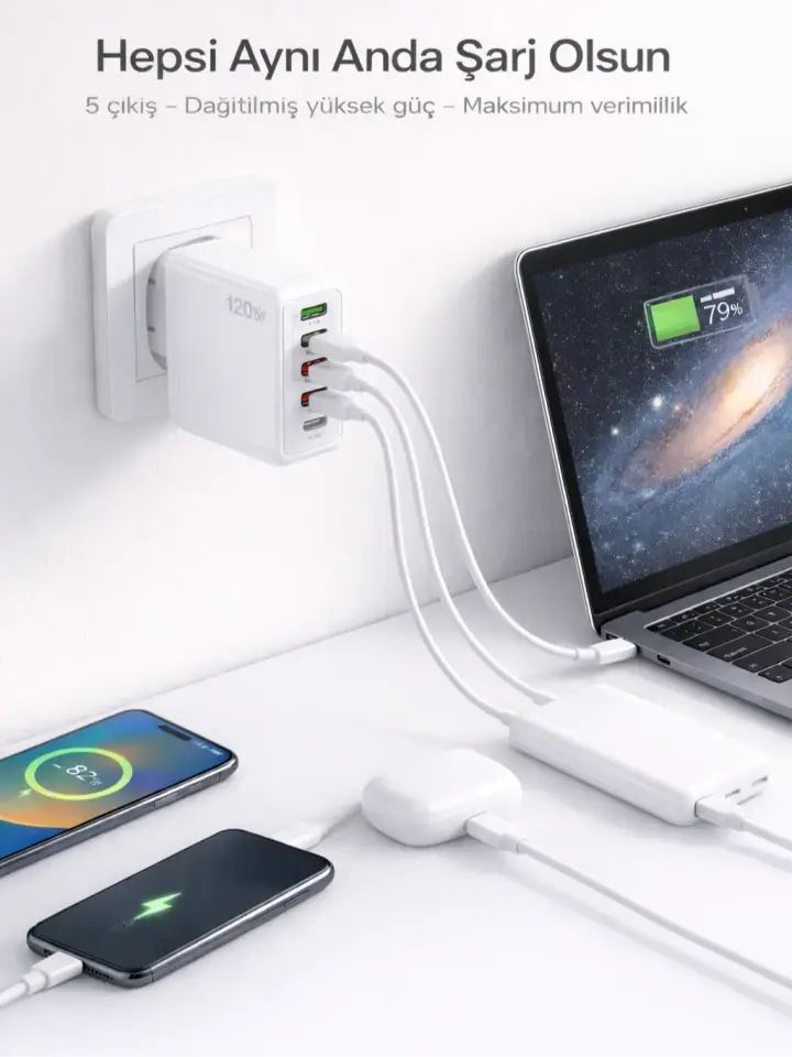 Aynı anda 5 cihaz şarj edebilen 120W çoklu port şarj adaptörü ev ofis kullanımı