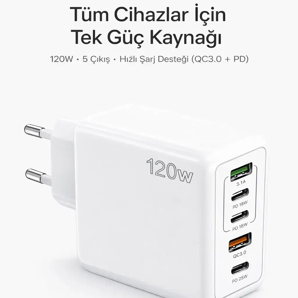 120W hızlı şarj adaptörü tüm cihazlar için tek güç kaynağı 5 çıkış PD QC 3.0