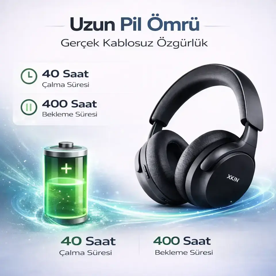 xkin kablosuz kulaklık teknik özellikler 40mm sürücü 500mah batarya 40 saat pil usb type c