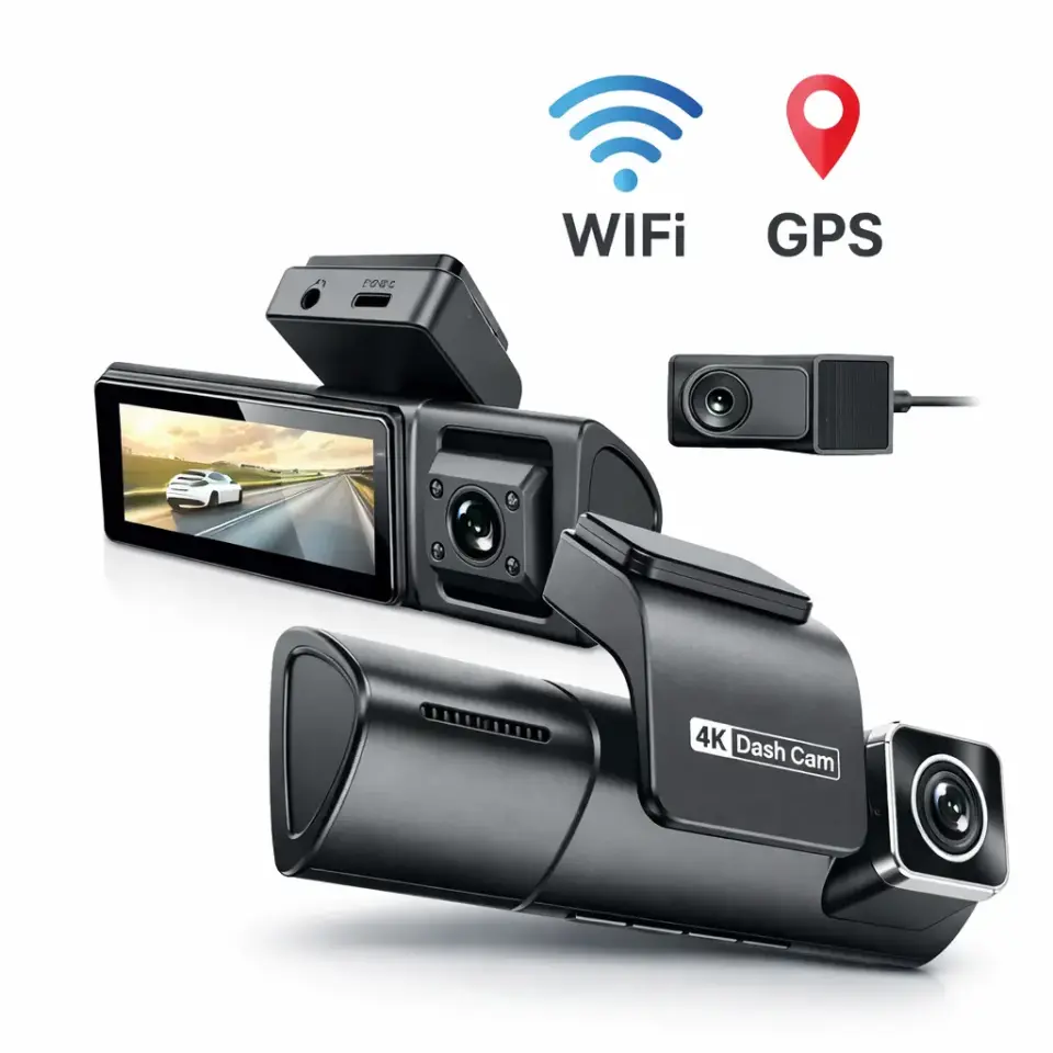 WiFi ve GPS destekli 4K araç kamerası, ön iç ve arka kamera kayıt özellikli dash cam