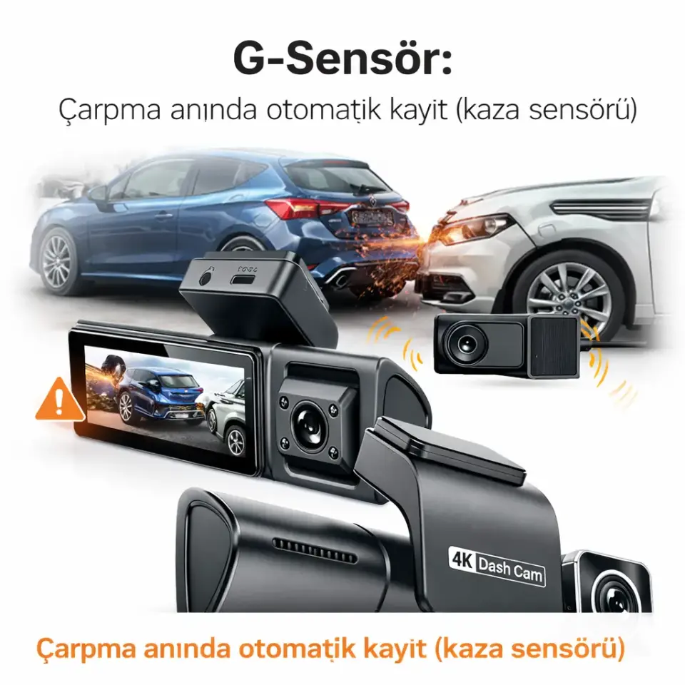 3 kameralı araç kamerası, ön kamera iç kamera ve arka kameradan aynı anda kayıt özelliği