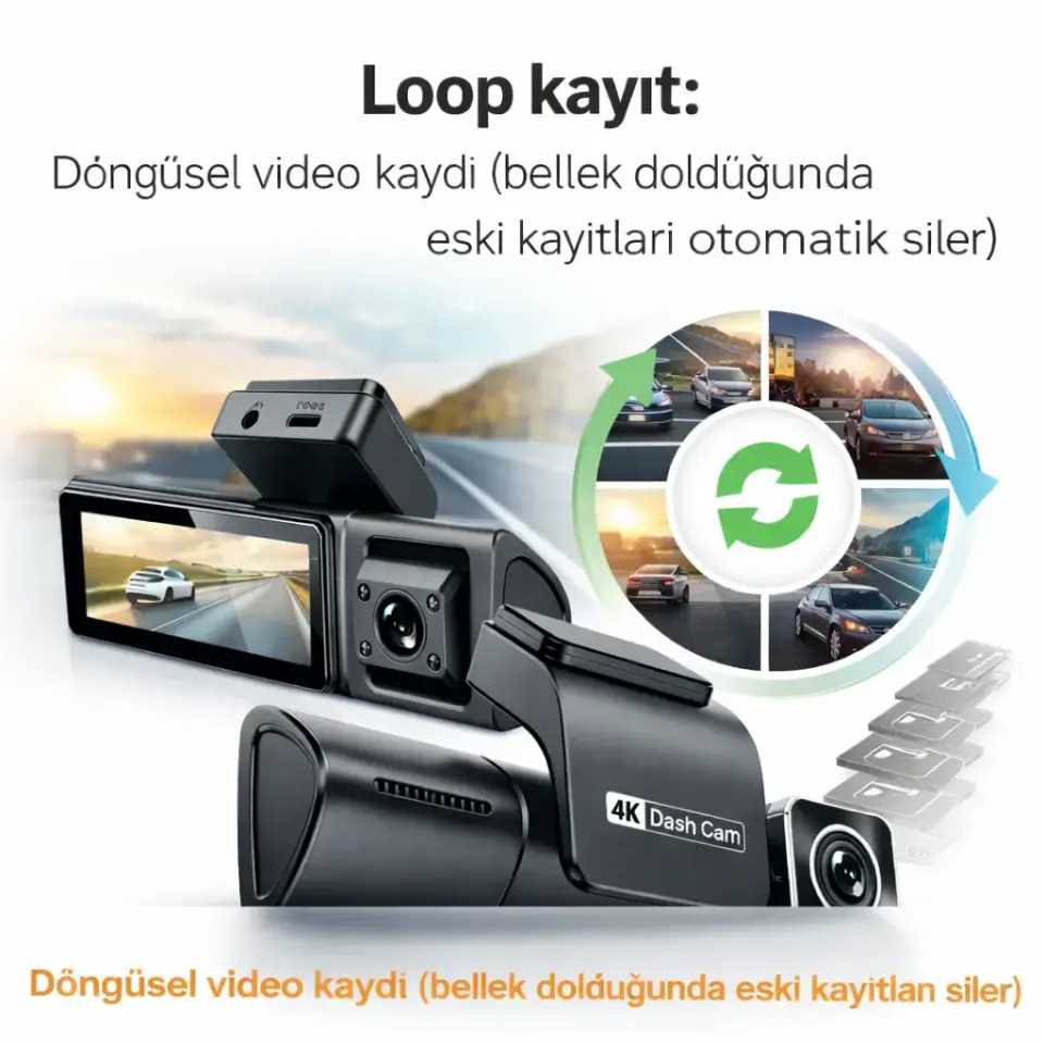 4K üç kameralı araç kamerası kutu içeriği, arka kamera, iç kamera, kablolar ve kullanım kılavuzu