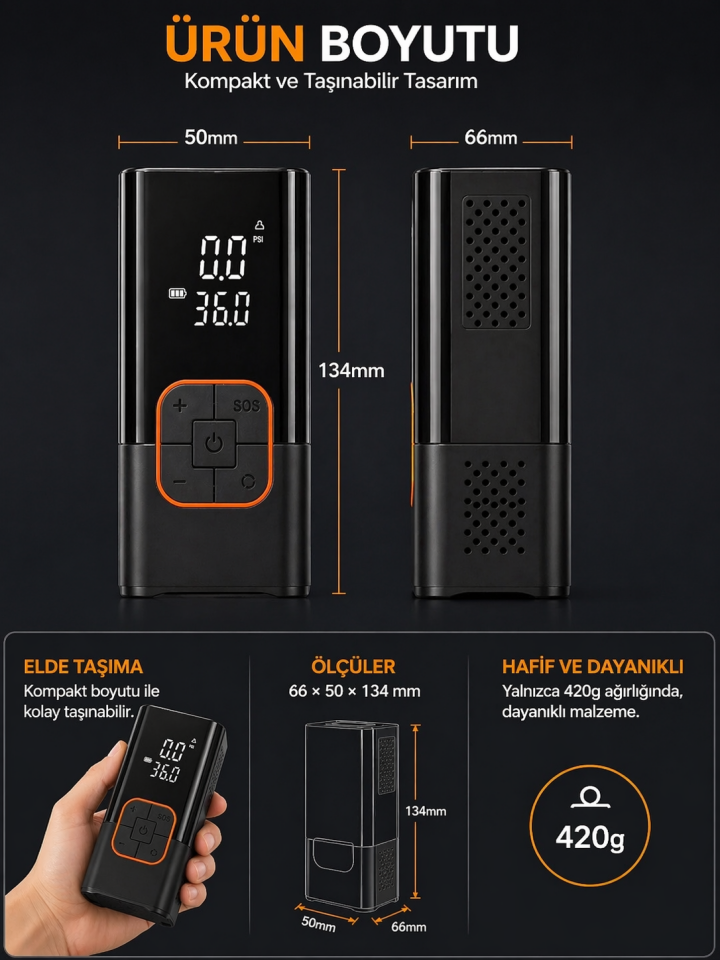 Lastik Şişirme Pompası 150 Psı 4000MAH Dijital Ekranlı Kablosuz Mini Hava Kompresörü LED Işıklı Powerbank Özellikli