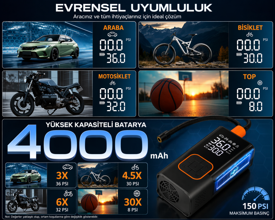 Lastik Şişirme Pompası 150 Psı 4000MAH Dijital Ekranlı Kablosuz Mini Hava Kompresörü LED Işıklı Powerbank Özellikli