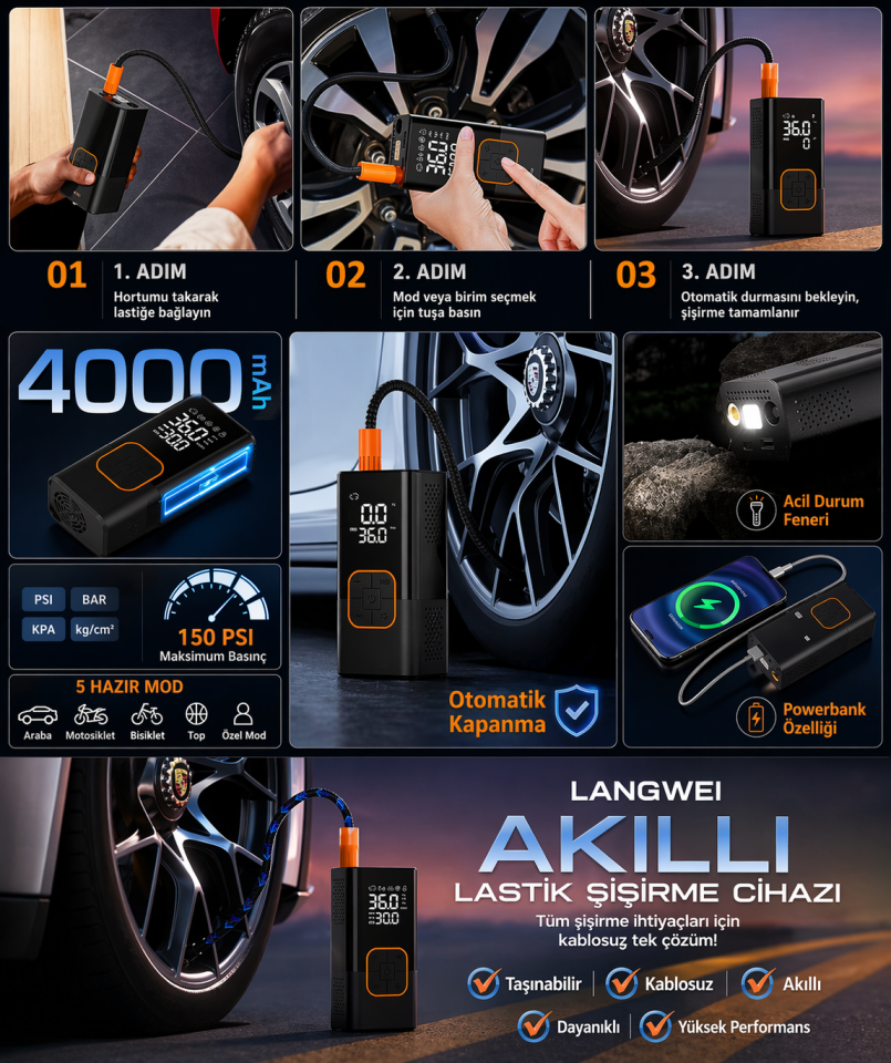 Lastik Şişirme Pompası 150 Psı 4000MAH Dijital Ekranlı Kablosuz Mini Hava Kompresörü LED Işıklı Powerbank Özellikli