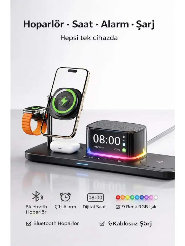 5’i 1 Arada 25W Qi2 Manyetik Kablosuz Şarj Standı