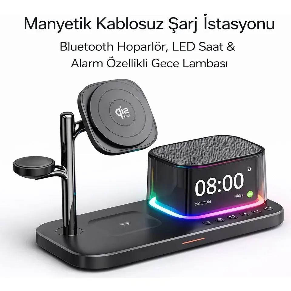 5’i 1 Arada 25W Qi2 Manyetik Kablosuz Şarj Standı