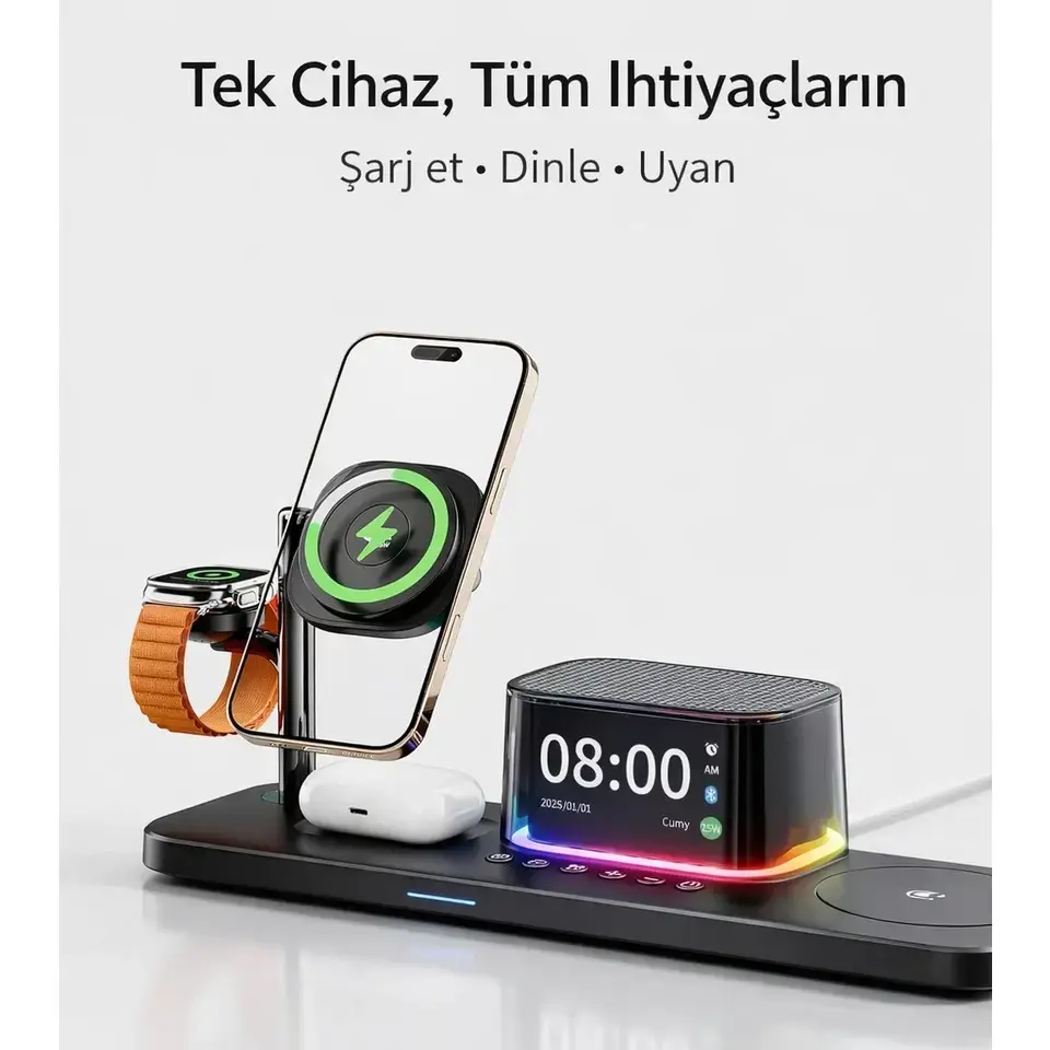 5’i 1 Arada 25W Qi2 Manyetik Kablosuz Şarj Standı