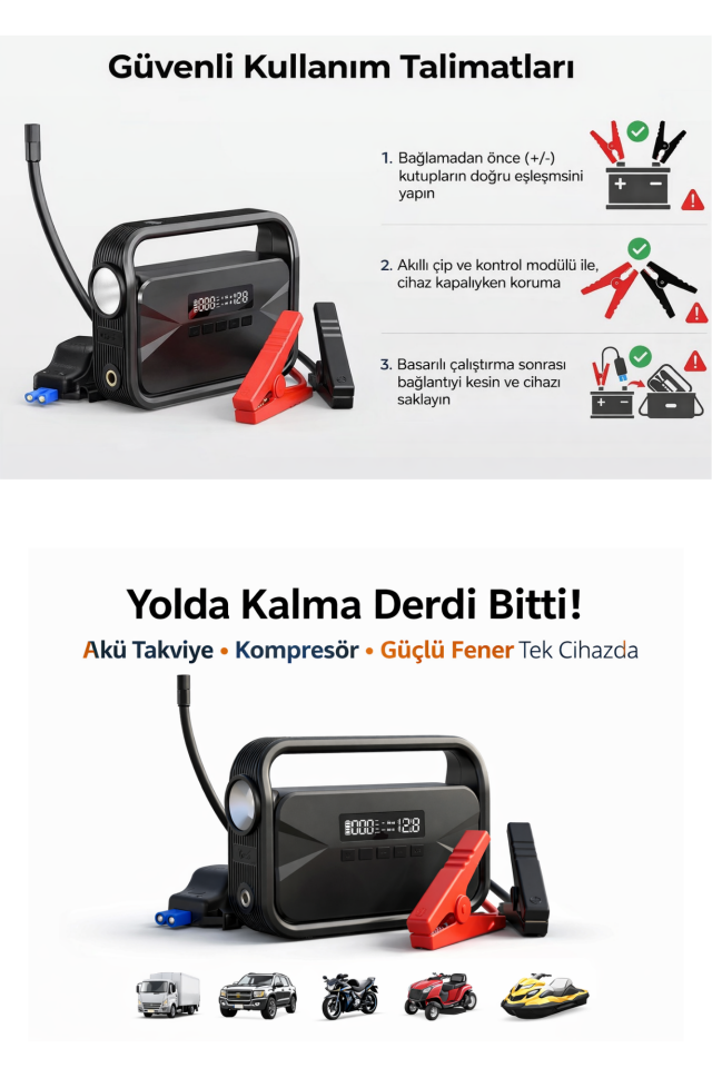 Araç Akü Takviye Cihazı Hava Pompa Powerbank 12000mAh