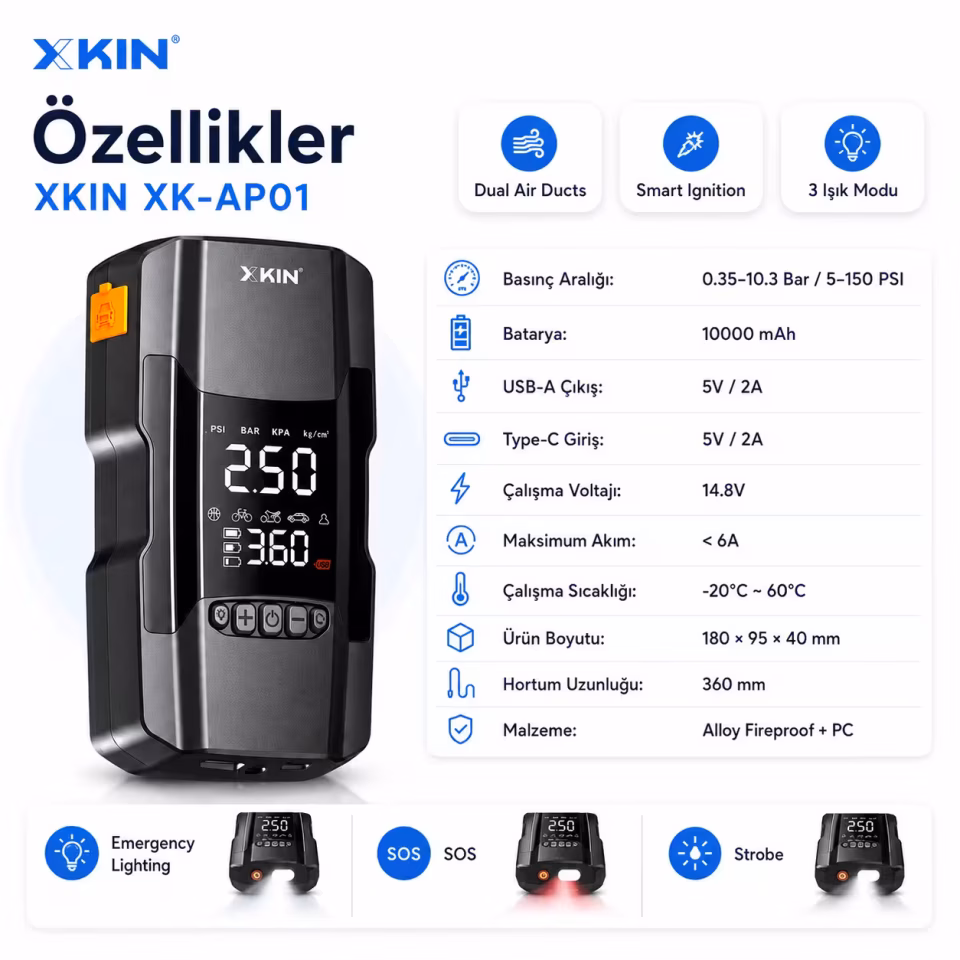 XKIN XK-AP01 Akü Takviye Cihazı 10000 mAh 150 PSI Powerbank