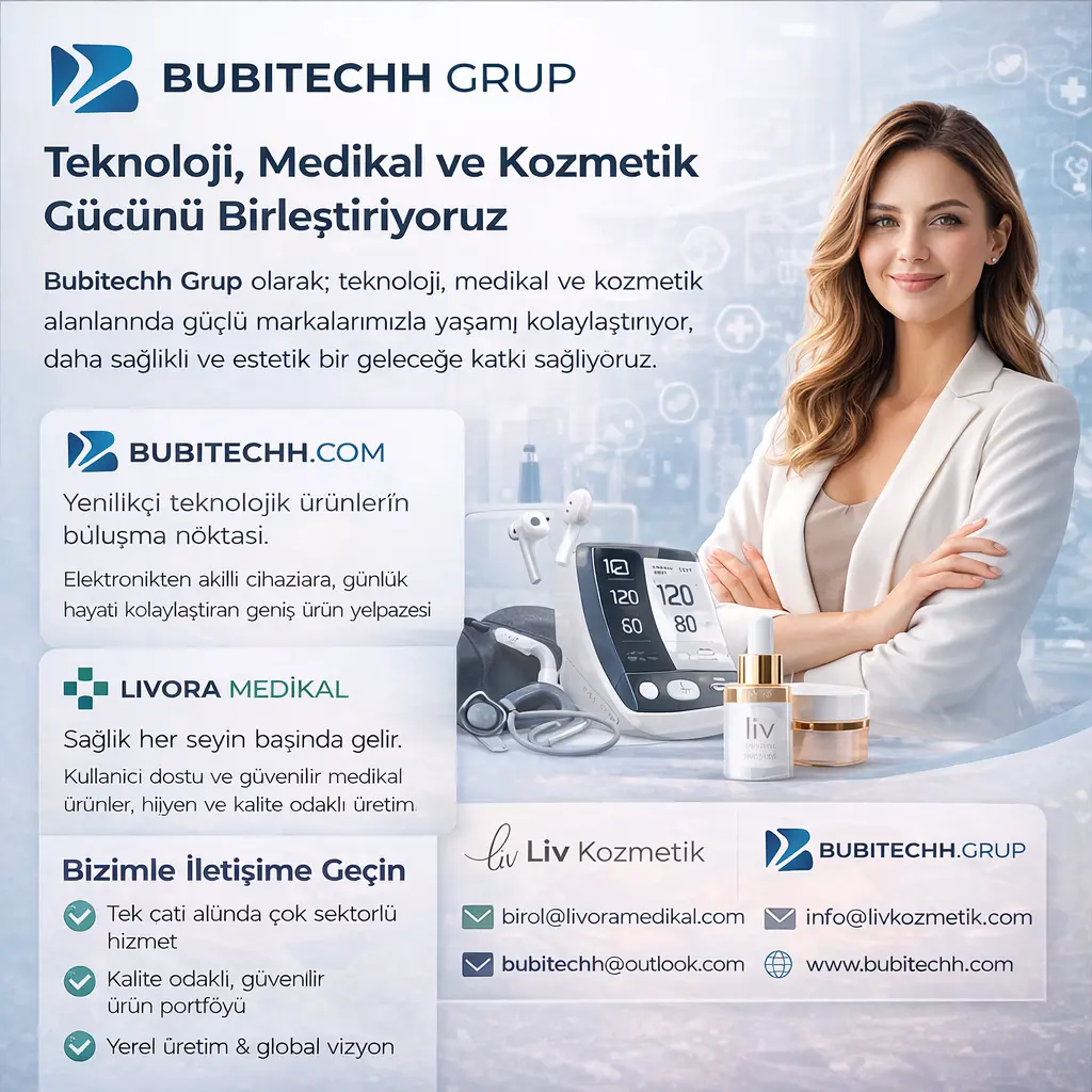 Bubitechh Grup kurumsal tanıtım posteri: Bubitechh.com, Livora Medikal ve Liv Kozmetik markalarının tanıtımı, iletişim bilgileri ve kadın profesyonel figürüyle modern tasarım